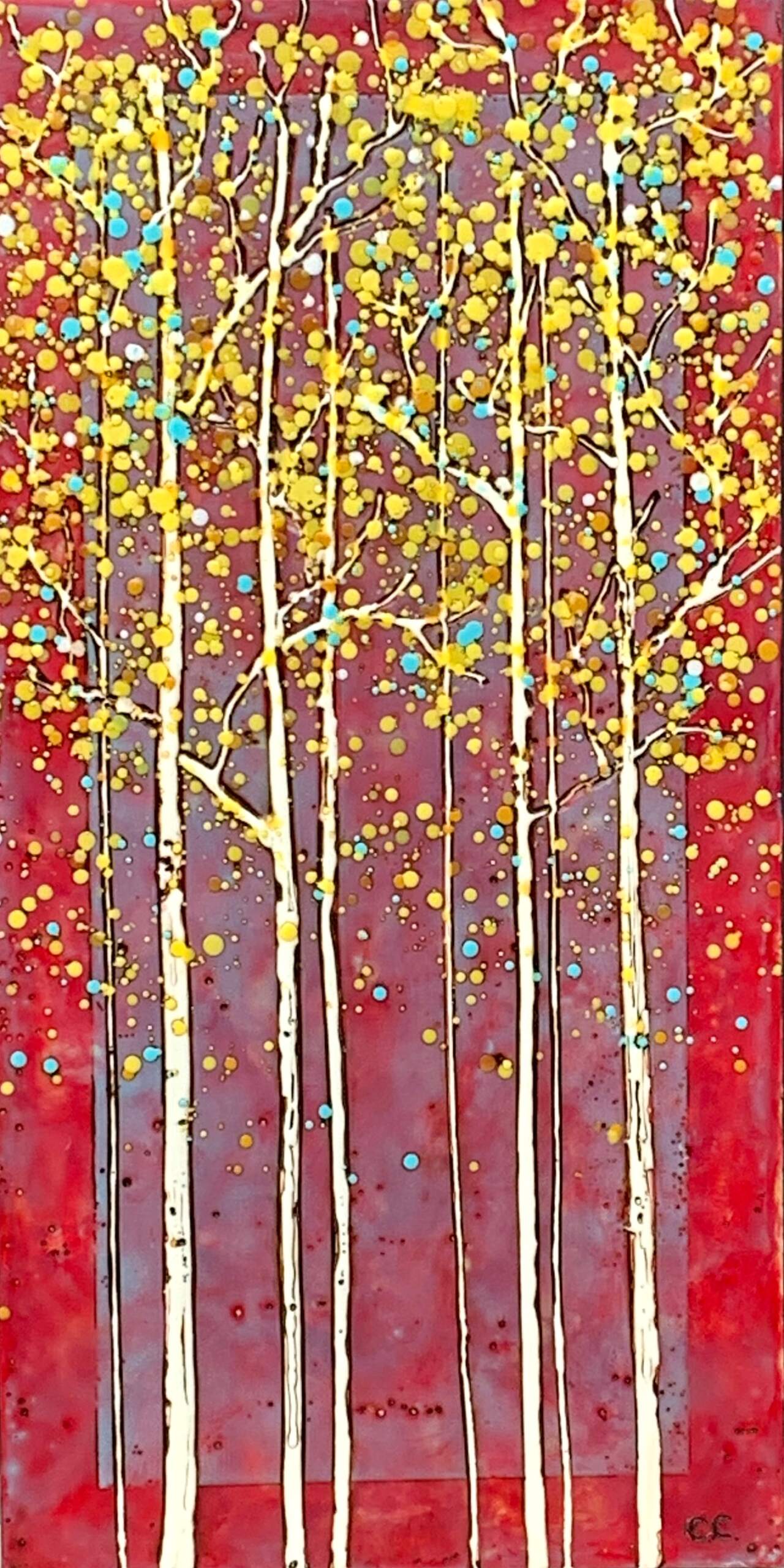 Yes, She Lives Here 19120, original encaustic autumn tree painting by Canadian artist Catharine Clarke at Effusion Art Gallery in Invermere, BC.