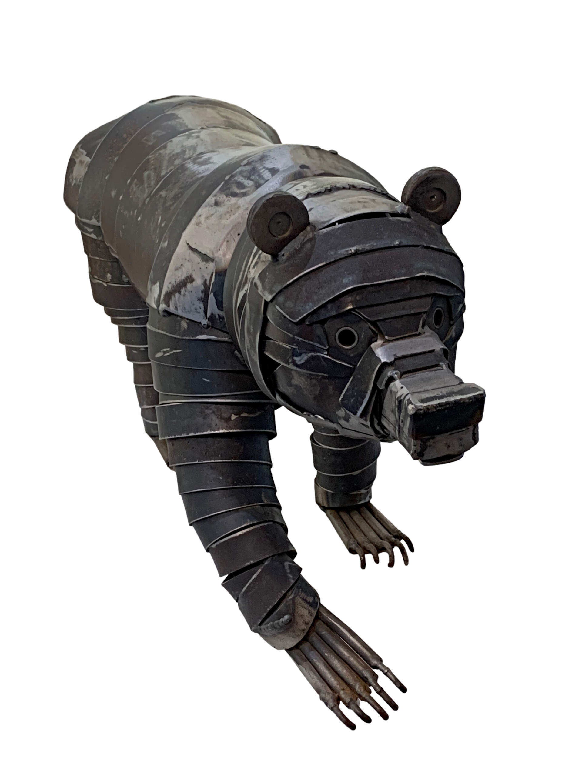 Bandit, salvaged metal bear sculpture by Wendy Stone | Effusion Art Gallery + Cast Glass Studio, Invermere BC