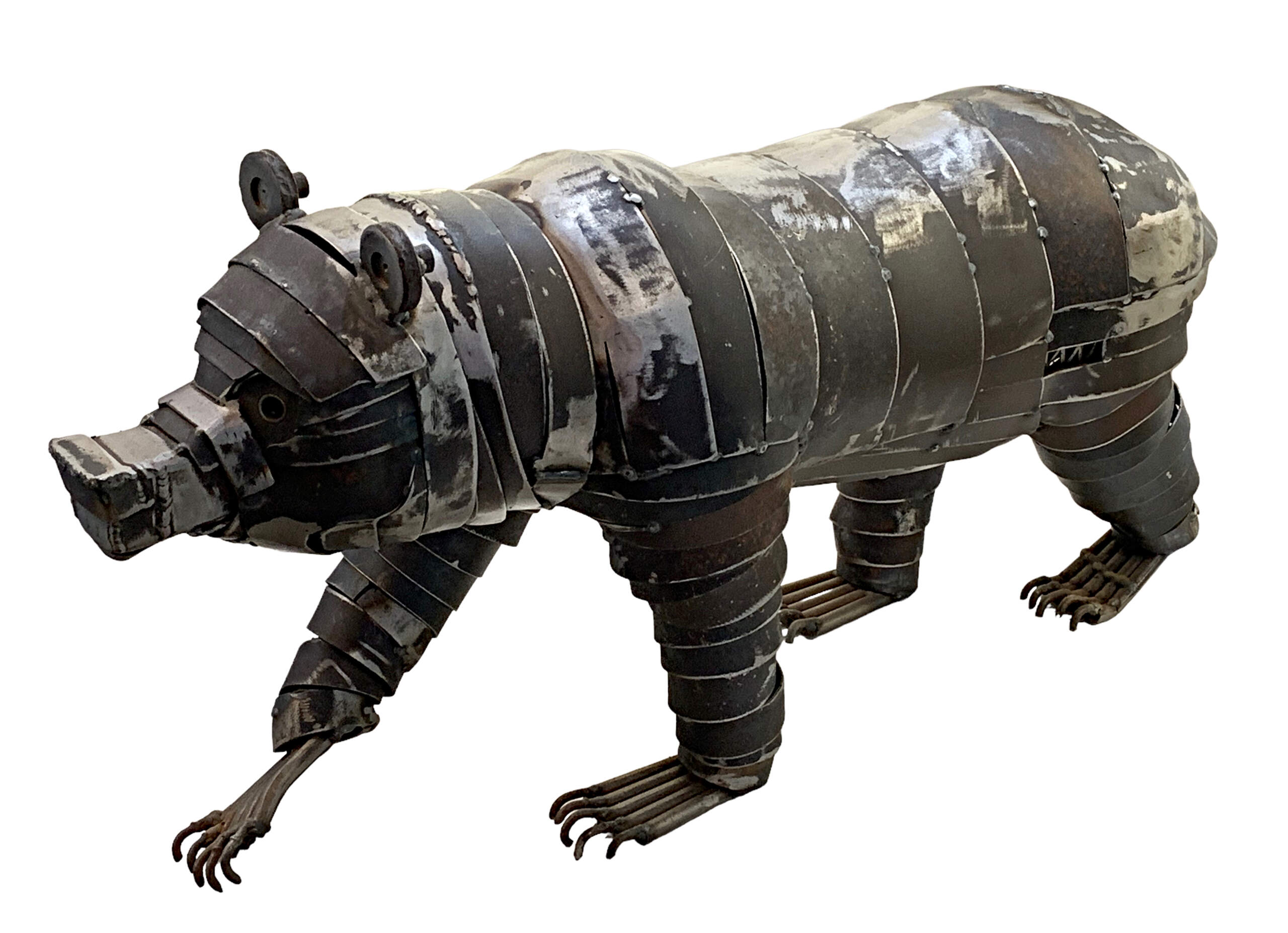 Bandit, salvaged metal bear sculpture by Wendy Stone | Effusion Art Gallery + Cast Glass Studio, Invermere BC