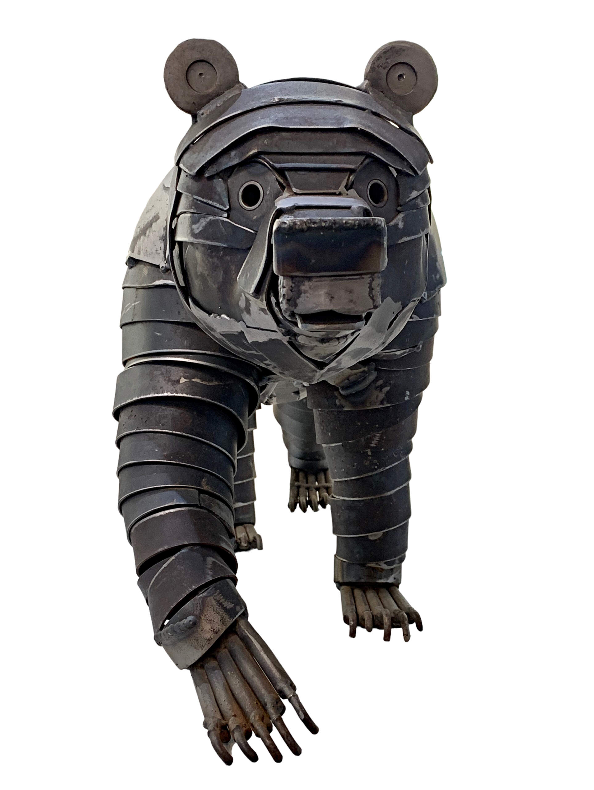 Bandit, salvaged metal bear sculpture by Wendy Stone | Effusion Art Gallery + Cast Glass Studio, Invermere BC