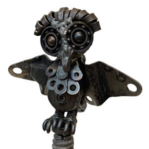 Bite Size, salvaged metal and telephone pole wood owl sculpture by Wendy Stone | Effusion Art Gallery + Cast Glass Studio, Invermere BC