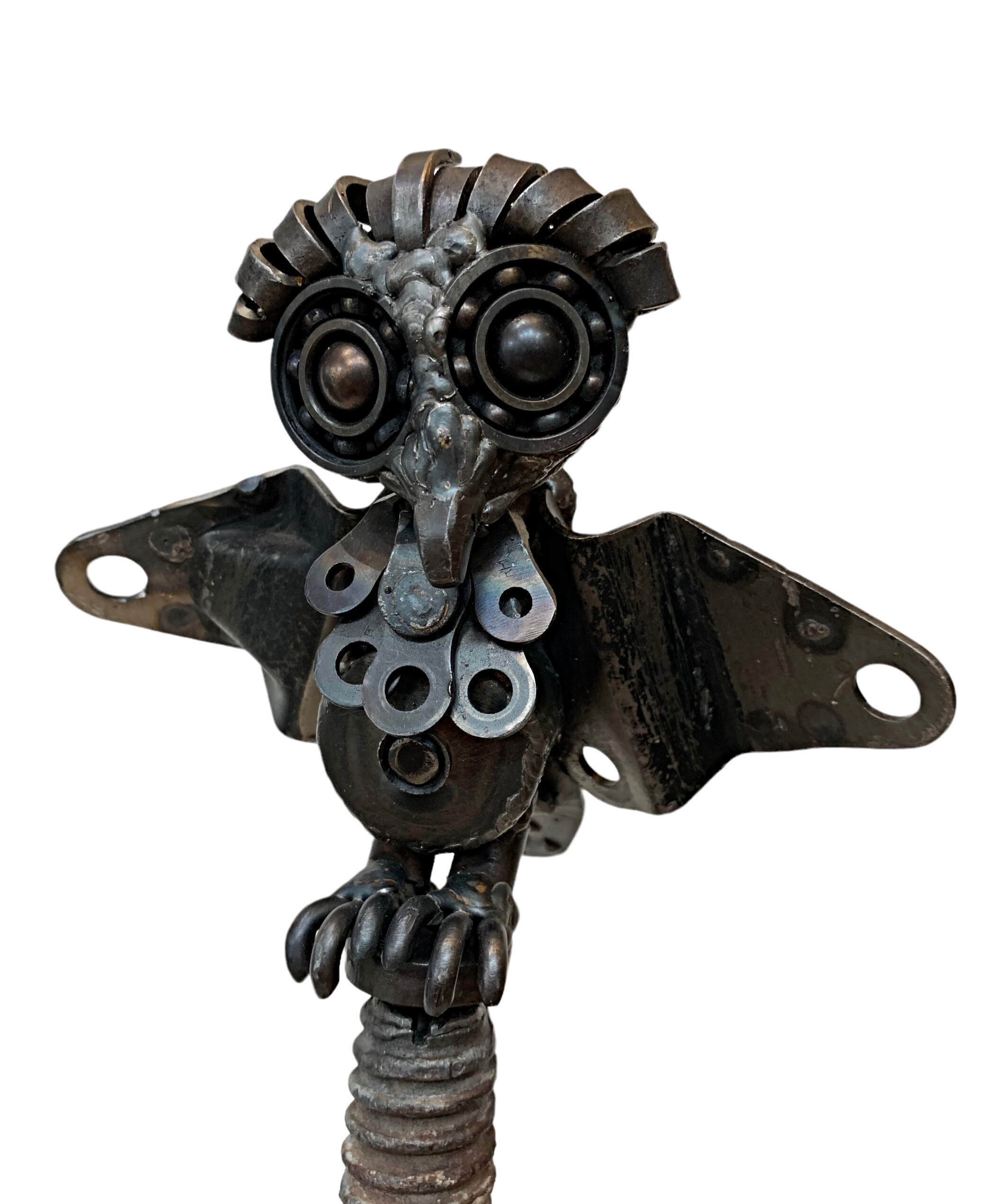Bite Size, salvaged metal and telephone pole wood owl sculpture by Wendy Stone | Effusion Art Gallery + Cast Glass Studio, Invermere BC