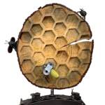 Buzz, salvaged metal  and spruce wood bee hive + honeycomb sculpture by Wendy Stone | Effusion Art Gallery + Cast Glass Studio, Invermere BC