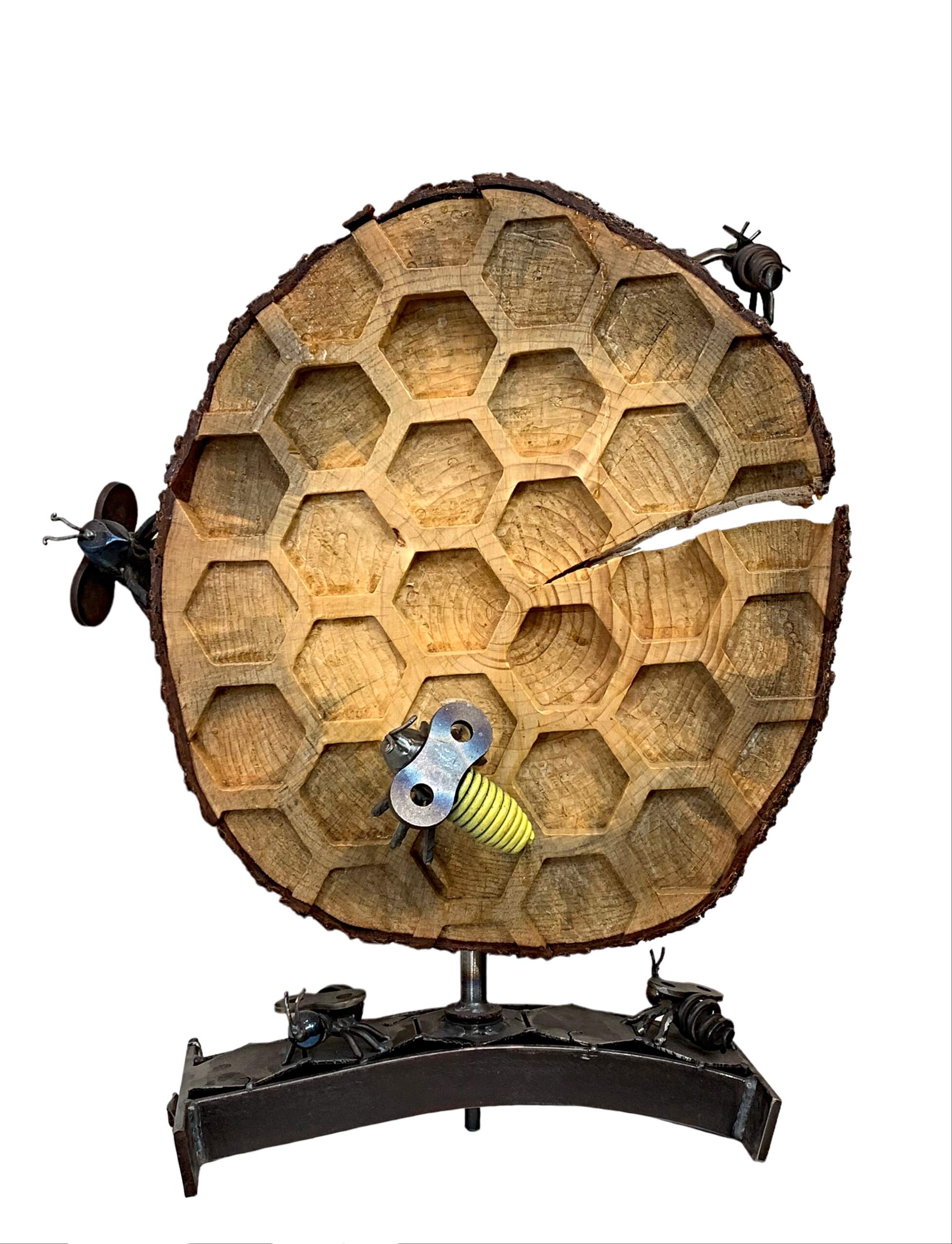 Buzz, salvaged metal and spruce wood bee hive + honeycomb sculpture by Wendy Stone | Effusion Art Gallery + Cast Glass Studio, Invermere BC