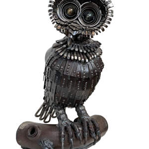 Richard, salvaged metal owl sculpture by Wendy Stone | Effusion Art Gallery + Cast Glass Studio, Invermere BC