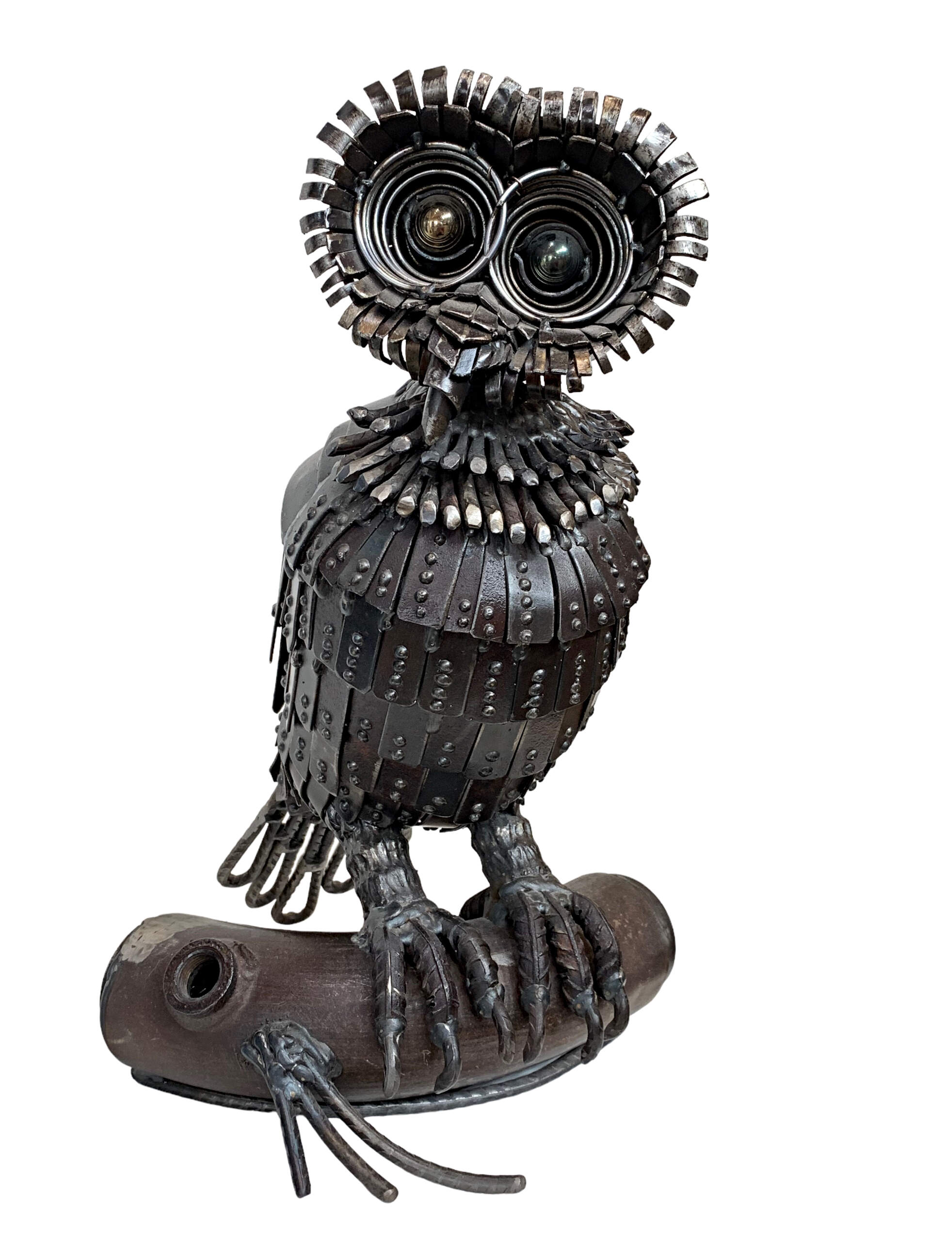Richard, salvaged metal owl sculpture by Wendy Stone | Effusion Art Gallery + Cast Glass Studio, Invermere BC