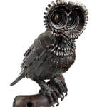 Richard, salvaged metal owl sculpture by Wendy Stone | Effusion Art Gallery + Cast Glass Studio, Invermere BC