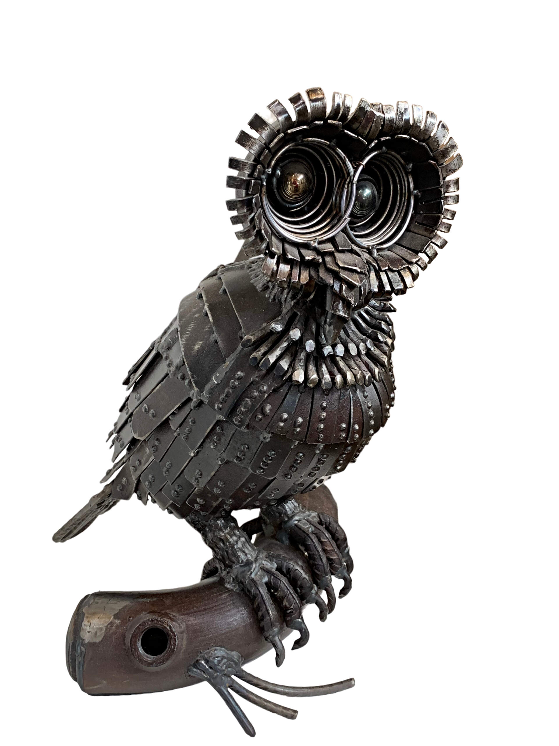 Richard, salvaged metal owl sculpture by Wendy Stone | Effusion Art Gallery + Cast Glass Studio, Invermere BC