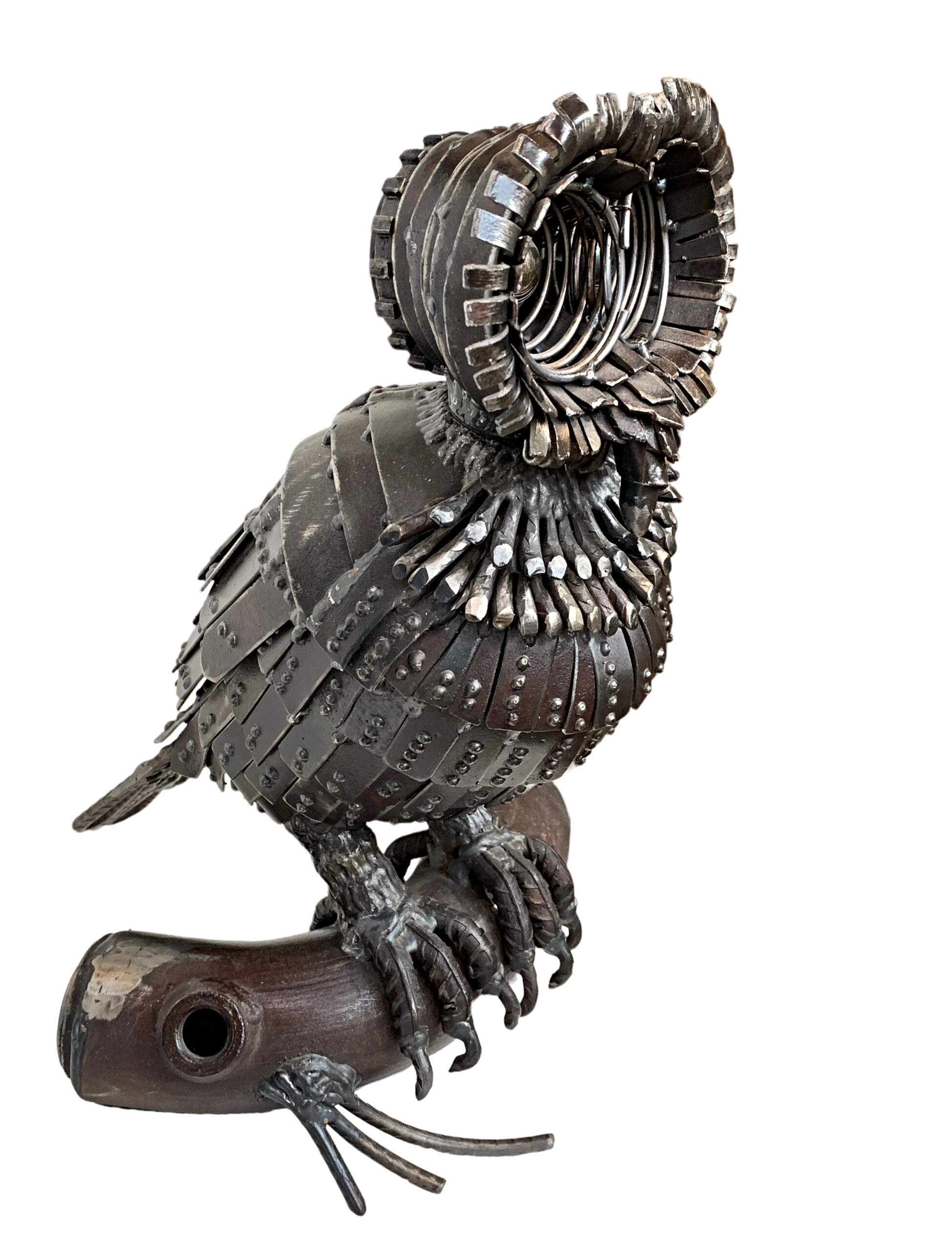 Richard, salvaged metal owl sculpture by Wendy Stone | Effusion Art Gallery + Cast Glass Studio, Invermere BC