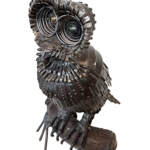 Richard, salvaged metal owl sculpture by Wendy Stone | Effusion Art Gallery + Cast Glass Studio, Invermere BC