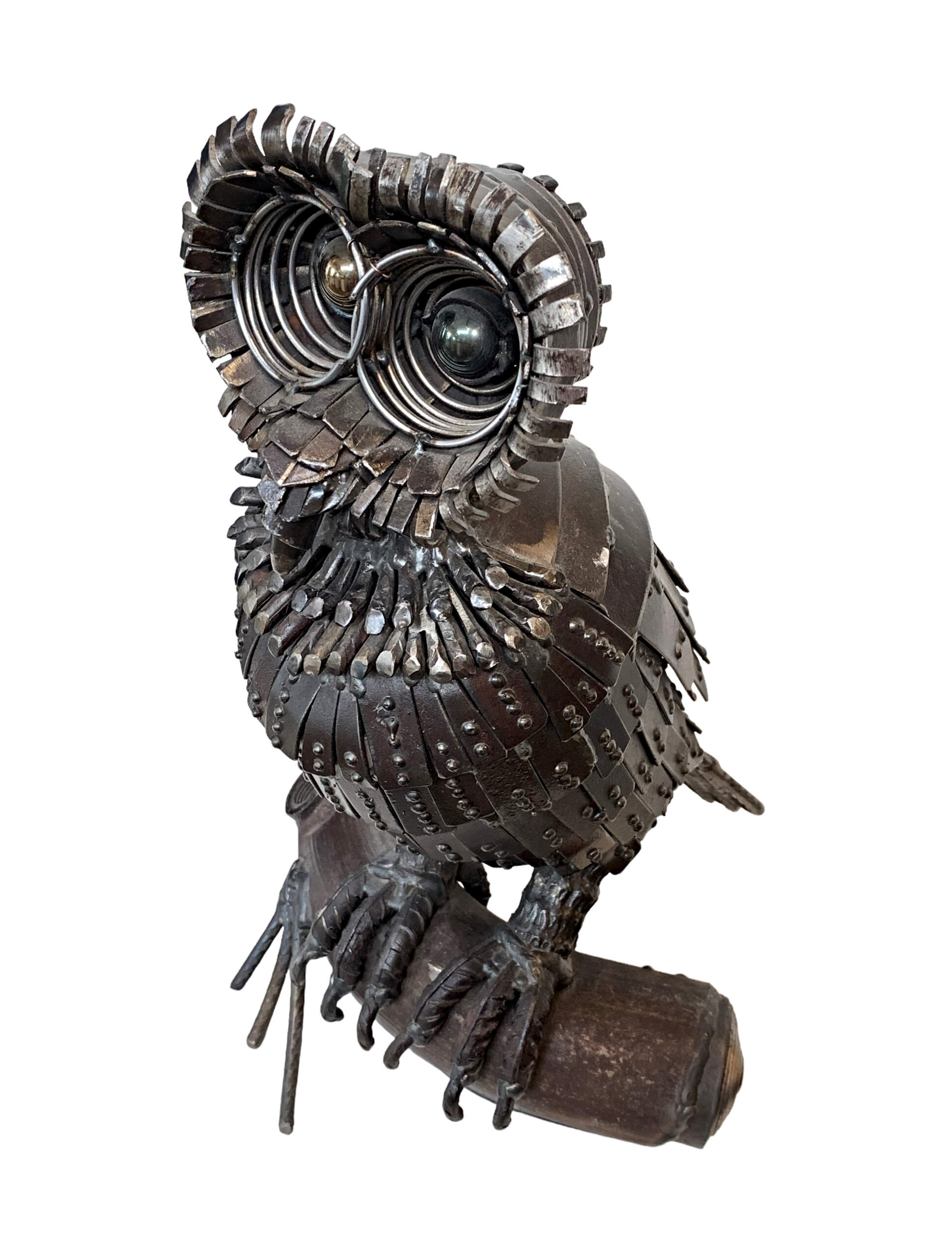 Richard, salvaged metal owl sculpture by Wendy Stone | Effusion Art Gallery + Cast Glass Studio, Invermere BC