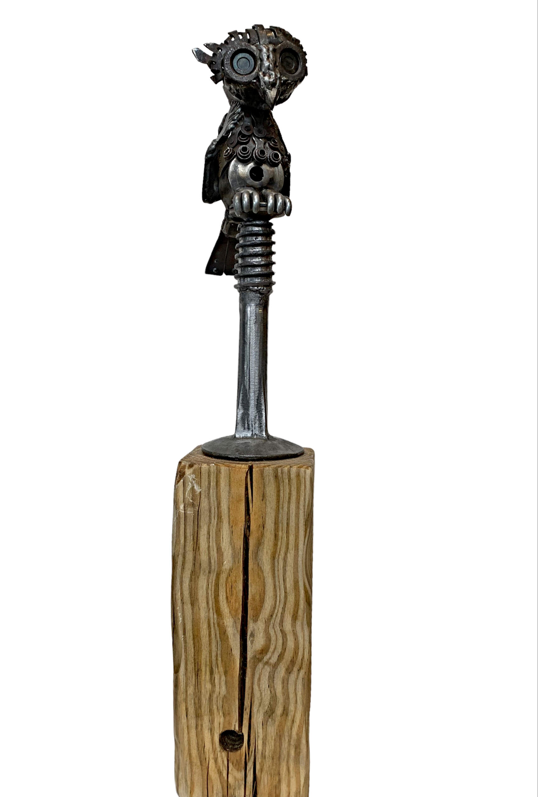 Snack Size, salvaged metal and telephone pole wood owl sculpture by Wendy Stone | Effusion Art Gallery + Cast Glass Studio, Invermere BC