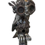 Snack Size, salvaged metal and telephone pole wood owl sculpture by Wendy Stone | Effusion Art Gallery + Cast Glass Studio, Invermere BC