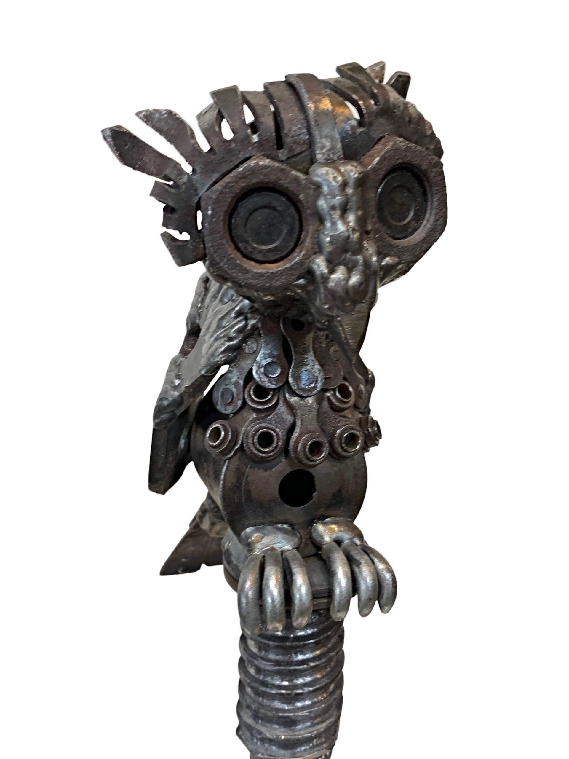 Snack Size, salvaged metal and telephone pole wood owl sculpture by Wendy Stone | Effusion Art Gallery + Cast Glass Studio, Invermere BC