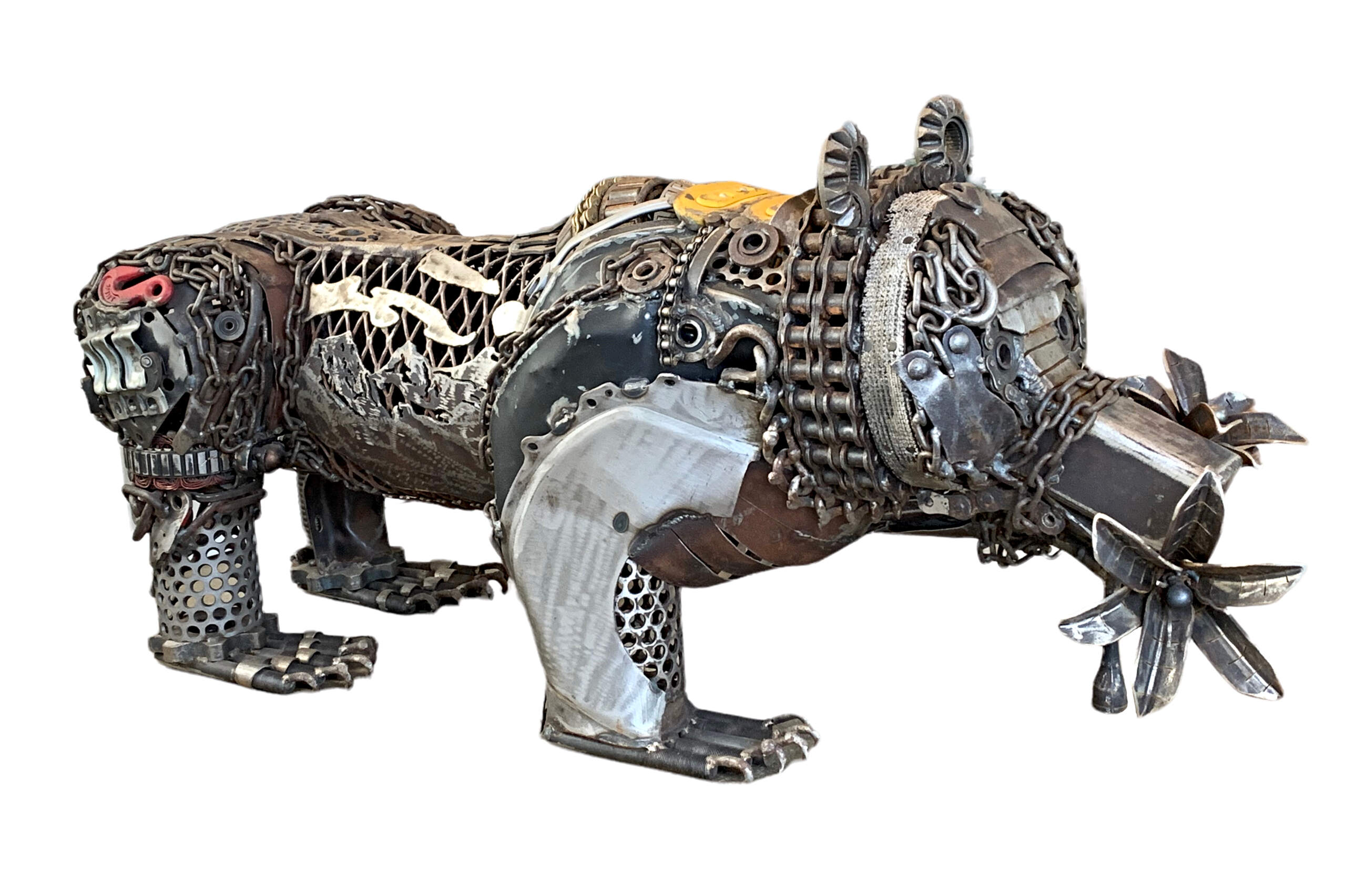 The View From Here, reclaimed metal bear and flower sculpture by Wendy Stone | Effusion Art Gallery + Cast Glass Studio, Invermere BC