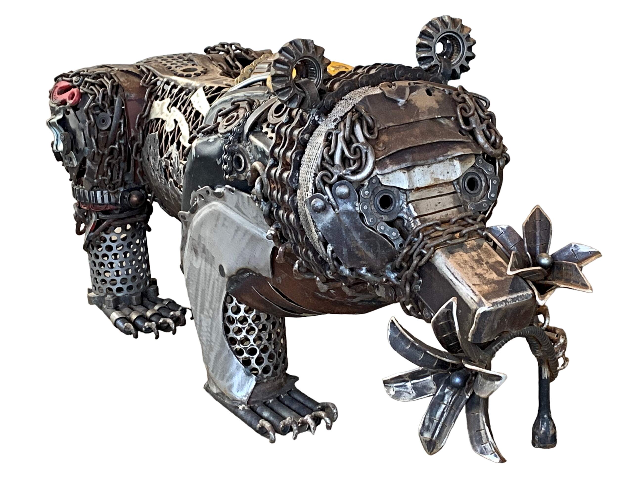 The View From Here, reclaimed metal bear and flower sculpture by Wendy Stone | Effusion Art Gallery + Cast Glass Studio, Invermere BC