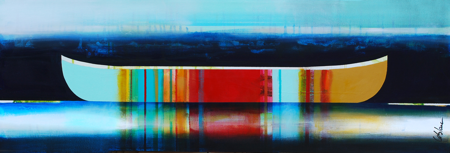 Chapotis de l'eau, mixed media canoe painting by Sylvain Leblanc | Effusion Art Gallery + Cast Glass Studio, Invermere BC
