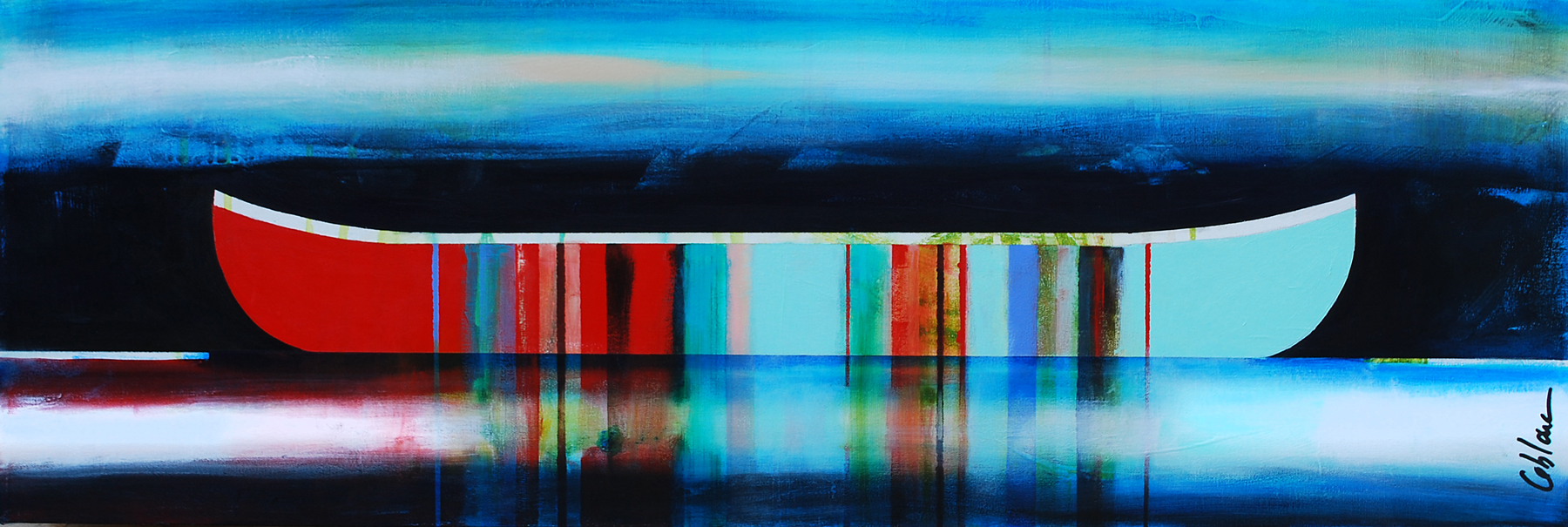 Éclaircie, mixed media canoe painting by Sylvain Leblanc | Effusion Art Gallery + Cast Glass Studio, Invermere BC