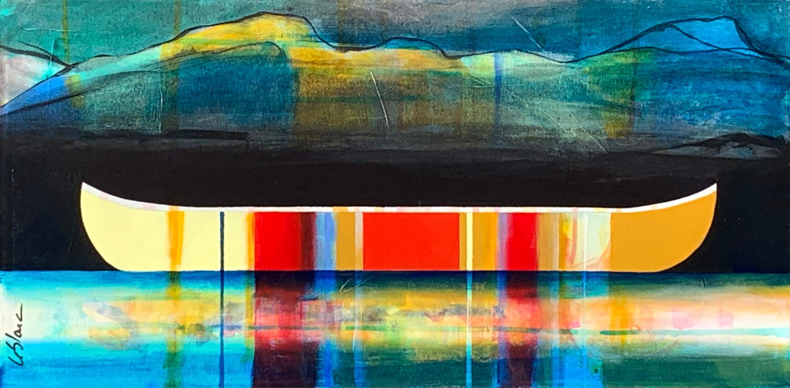 Lumière lointaine, lointaine, mixed media canoe painting by Sylvain Leblanc | Effusion Art Gallery + Cast Glass Studio, Invermere BC