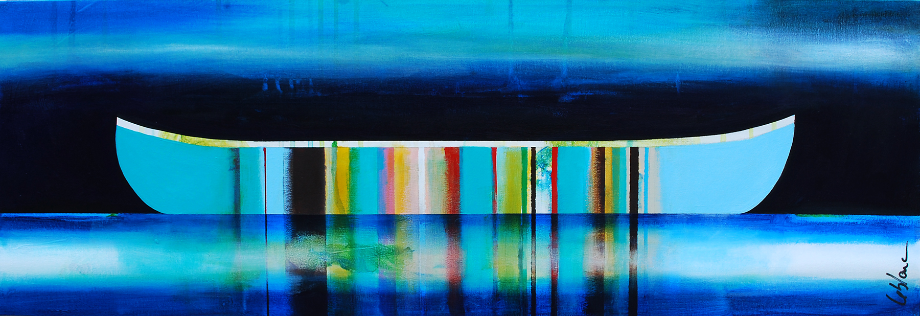 Petite bruine, mixed media canoe painting by Sylvain Leblanc | Effusion Art Gallery + Cast Glass Studio, Invermere BC