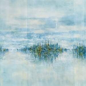 Original dreamy landscape painting of three small islands reflecting into calm water in shades of soft blues, greens, and amber by Gina Sarro.