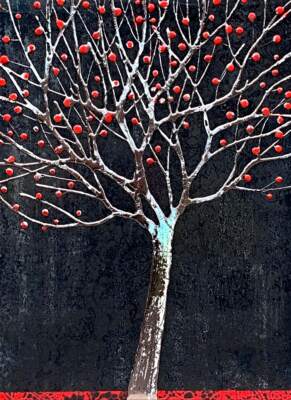 Apple Tree, mixed media tree painting by Sarah Moffat | Effusion Art Gallery + Cast Glass Studio, Invermere BC