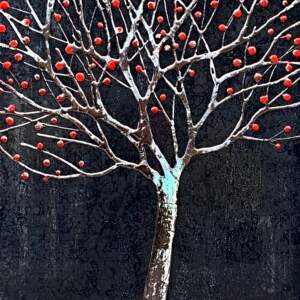 Mixed media metallic silver and red apple tree on a black background by Sarah Moffat.