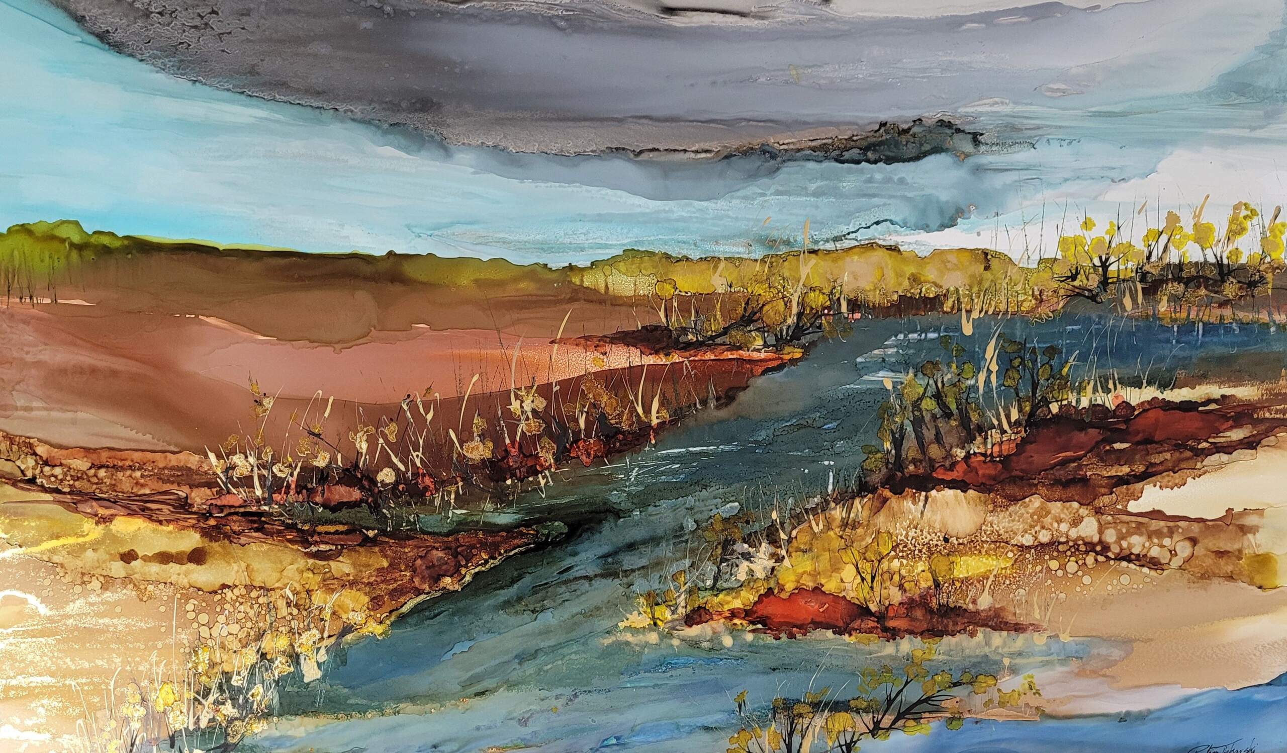 After the Rain, original alcohol ink landscape painting by Paulina Tokarski | Effusion Art Gallery + Cast Glass Studio, Invermere BC