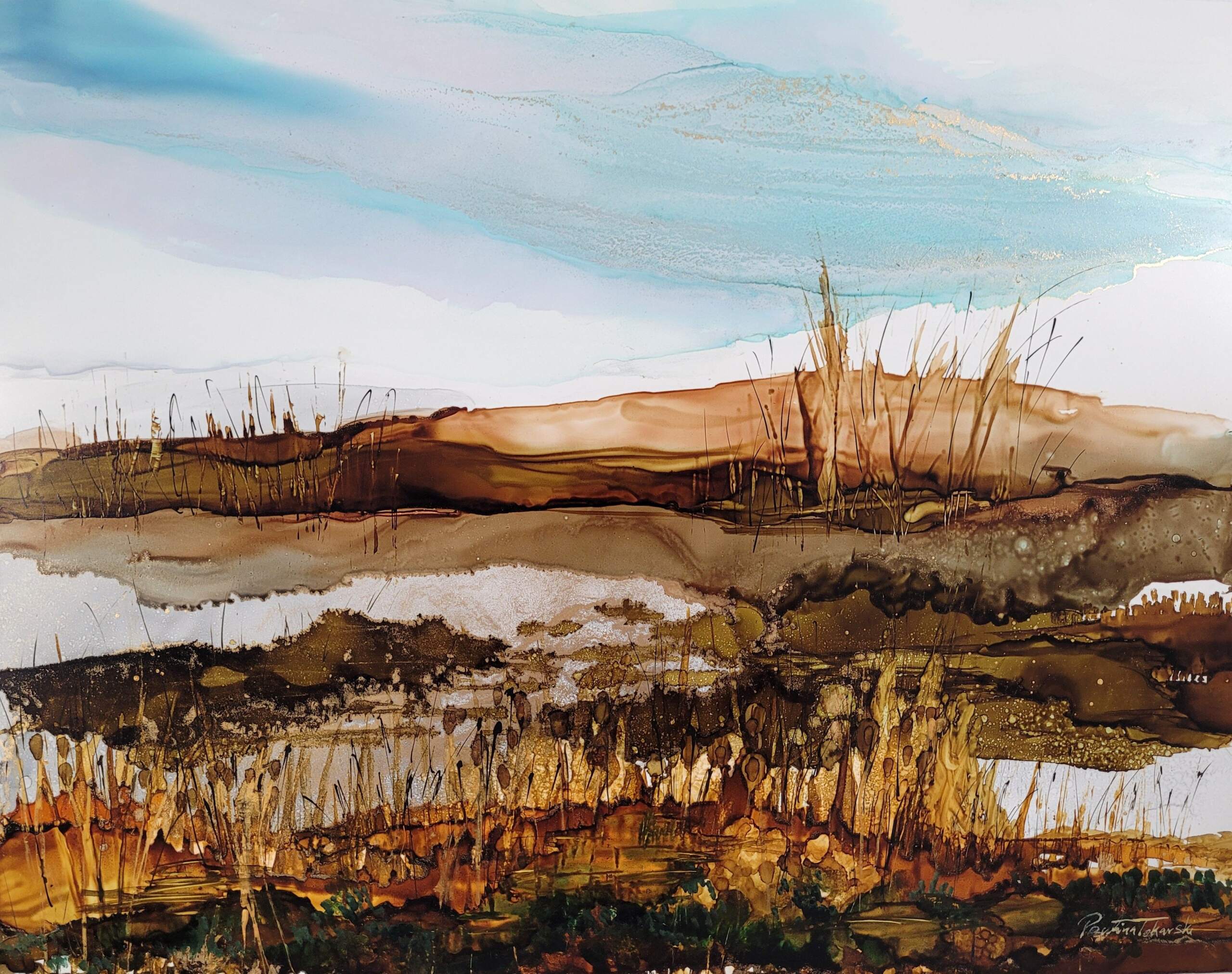 Autumn Whispers, original alcohol ink landscape painting by Paulina Tokarski | Effusion Art Gallery + Cast Glass Studio, Invermere BC