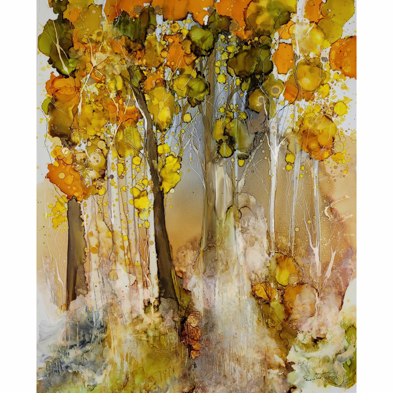 Autumn Woods 2, original alcohol ink landscape painting by Paulina Tokarski | Effusion Art Gallery + Cast Glass Studio, Invermere BC