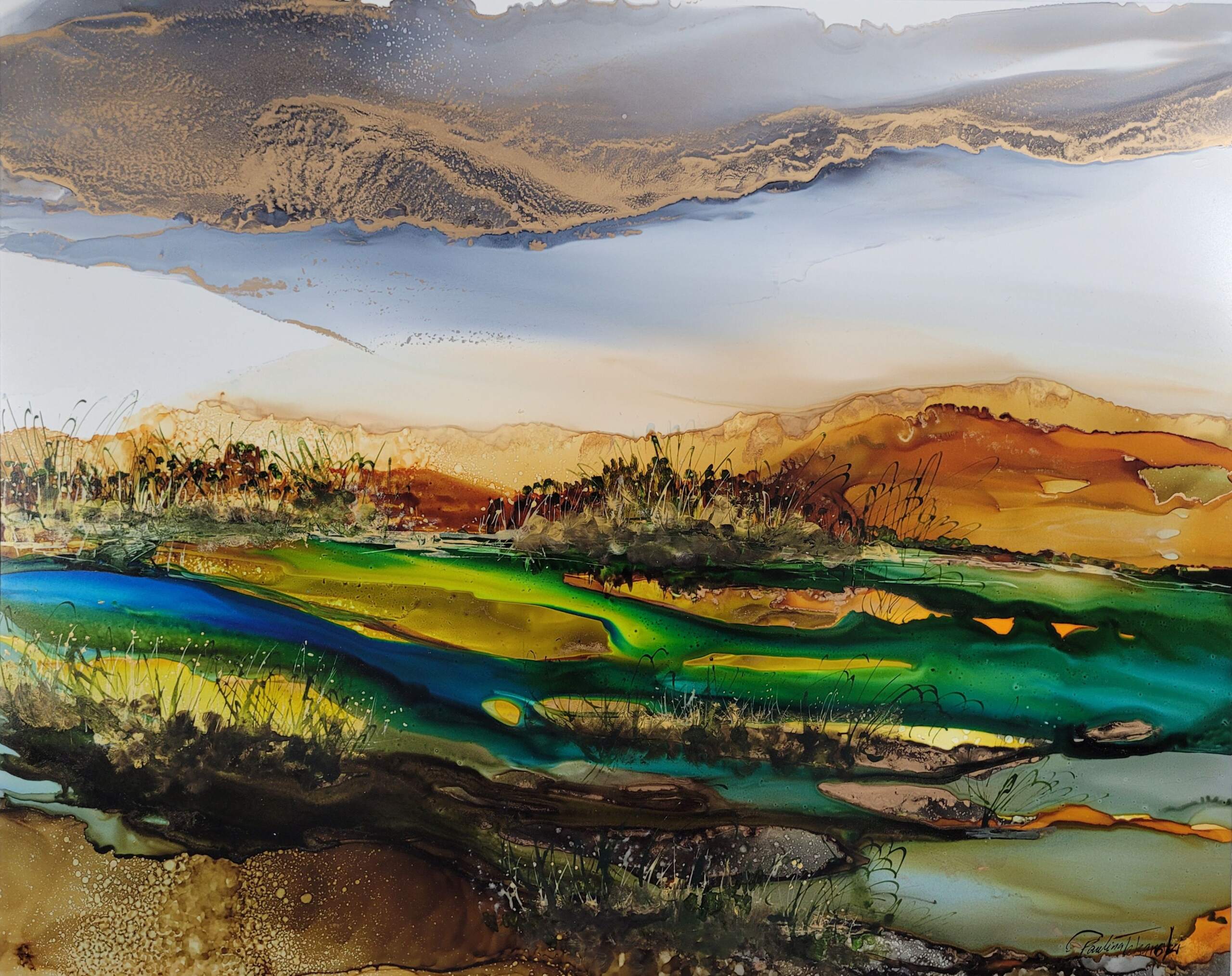 Autumn's Scent, original alcohol ink landscape painting by Paulina Tokarski | Effusion Art Gallery + Cast Glass Studio, Invermere BC