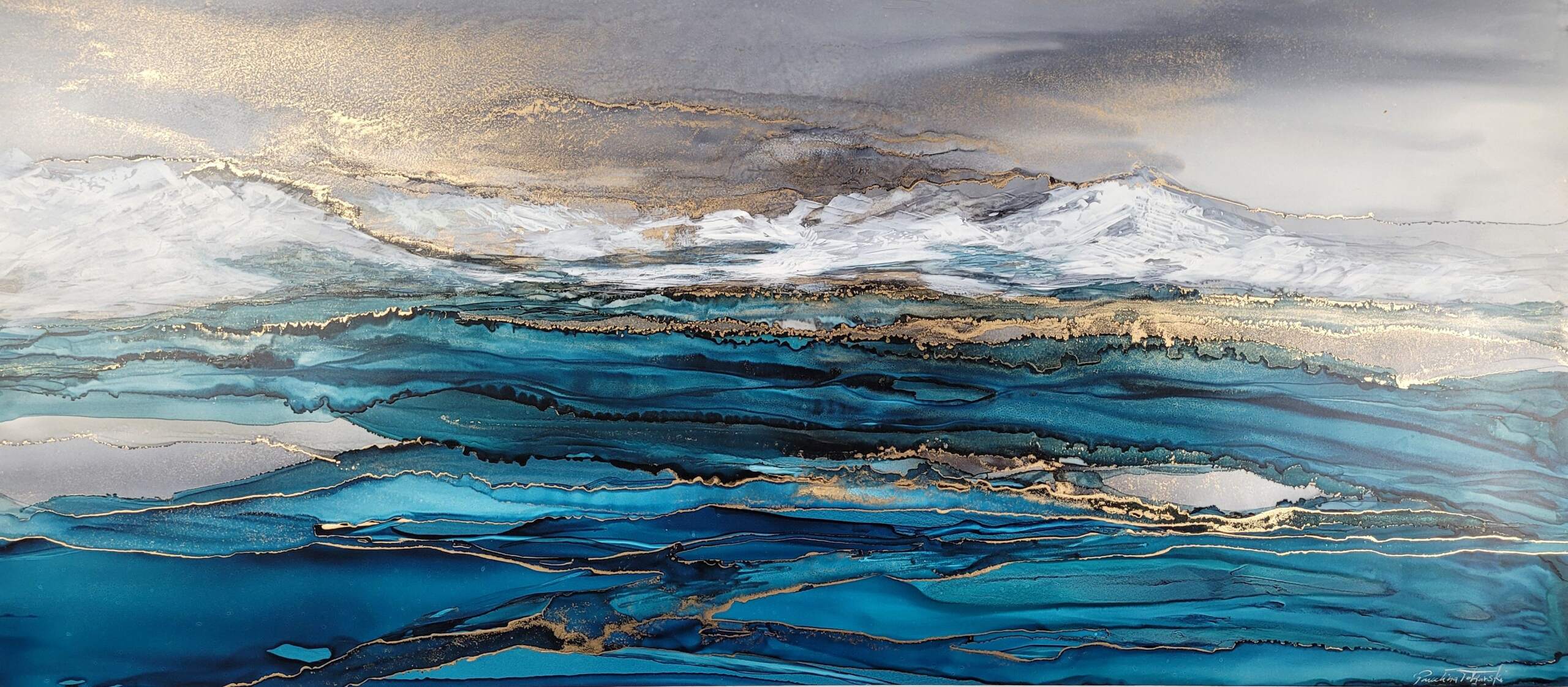 Dreaming of a Blissful Winter, original alcohol ink landscape painting by Paulina Tokarski | Effusion Art Gallery + Cast Glass Studio, Invermere BC