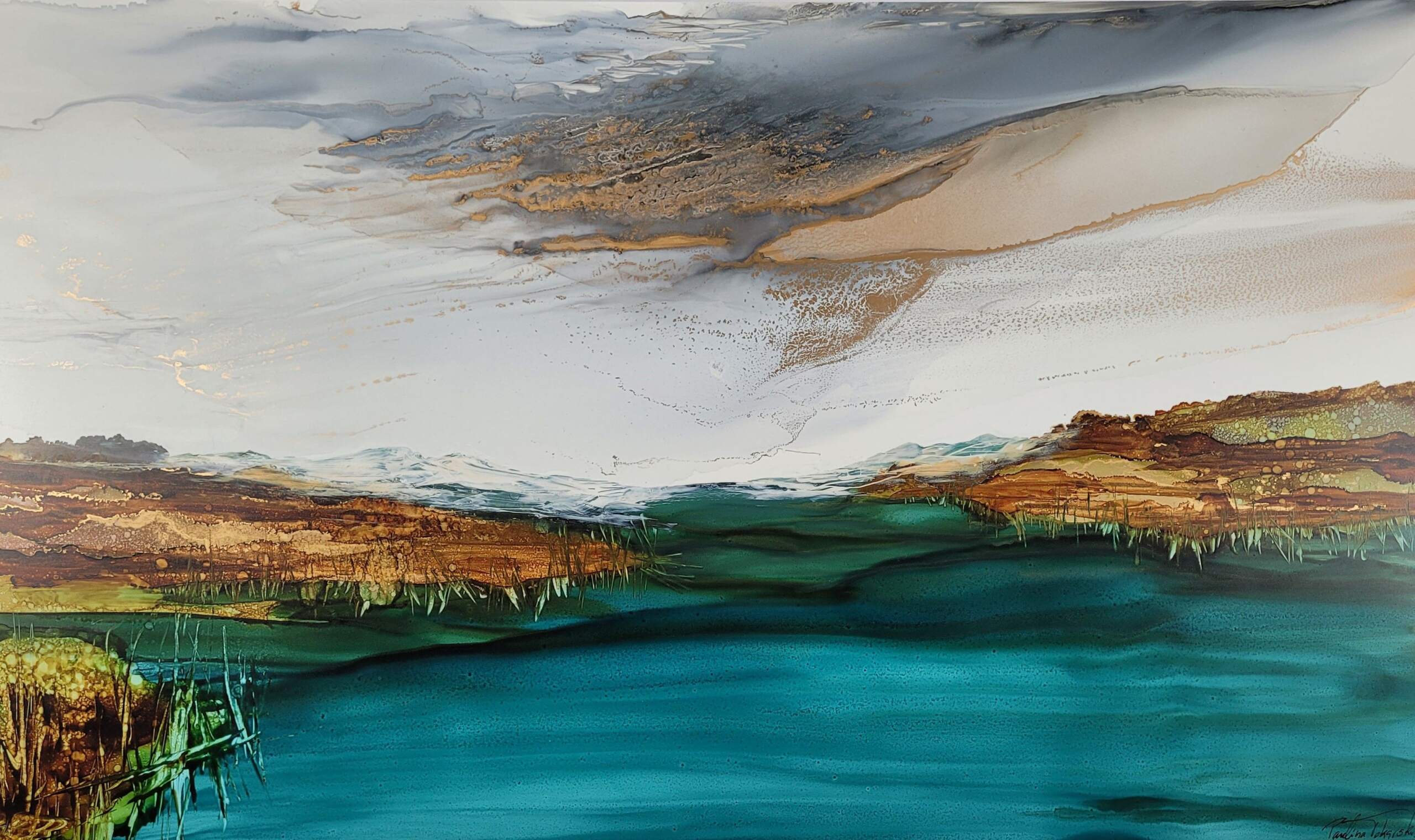 Grateful Moment original alcohol ink landscape painting by Paulina Tokarski | Effusion Art Gallery + Cast Glass Studio, Invermere BC
