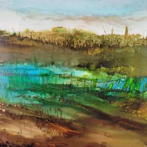Silence by the Water, original alcohol ink landscape painting by Paulina Tokarski | Effusion Art Gallery + Cast Glass Studio, Invermere BC