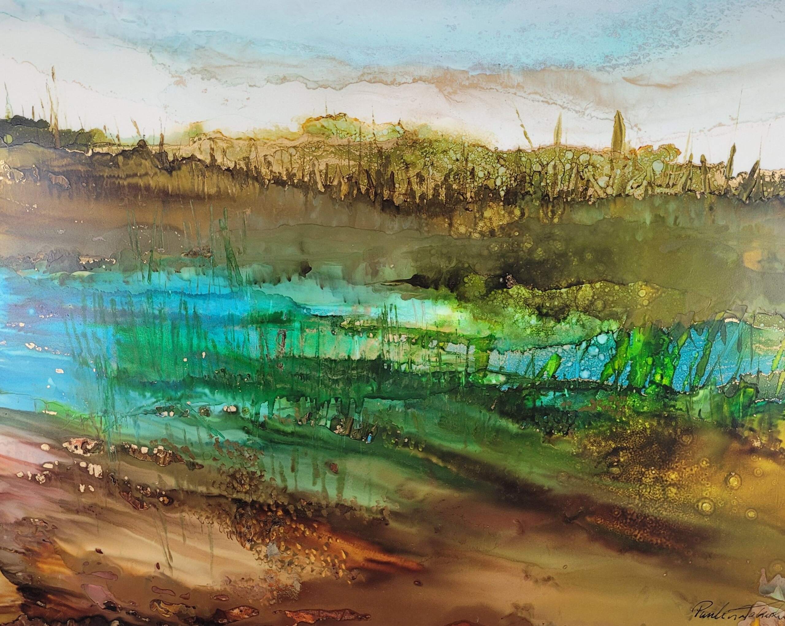 Silence by the Water, original alcohol ink landscape painting by Paulina Tokarski | Effusion Art Gallery + Cast Glass Studio, Invermere BC