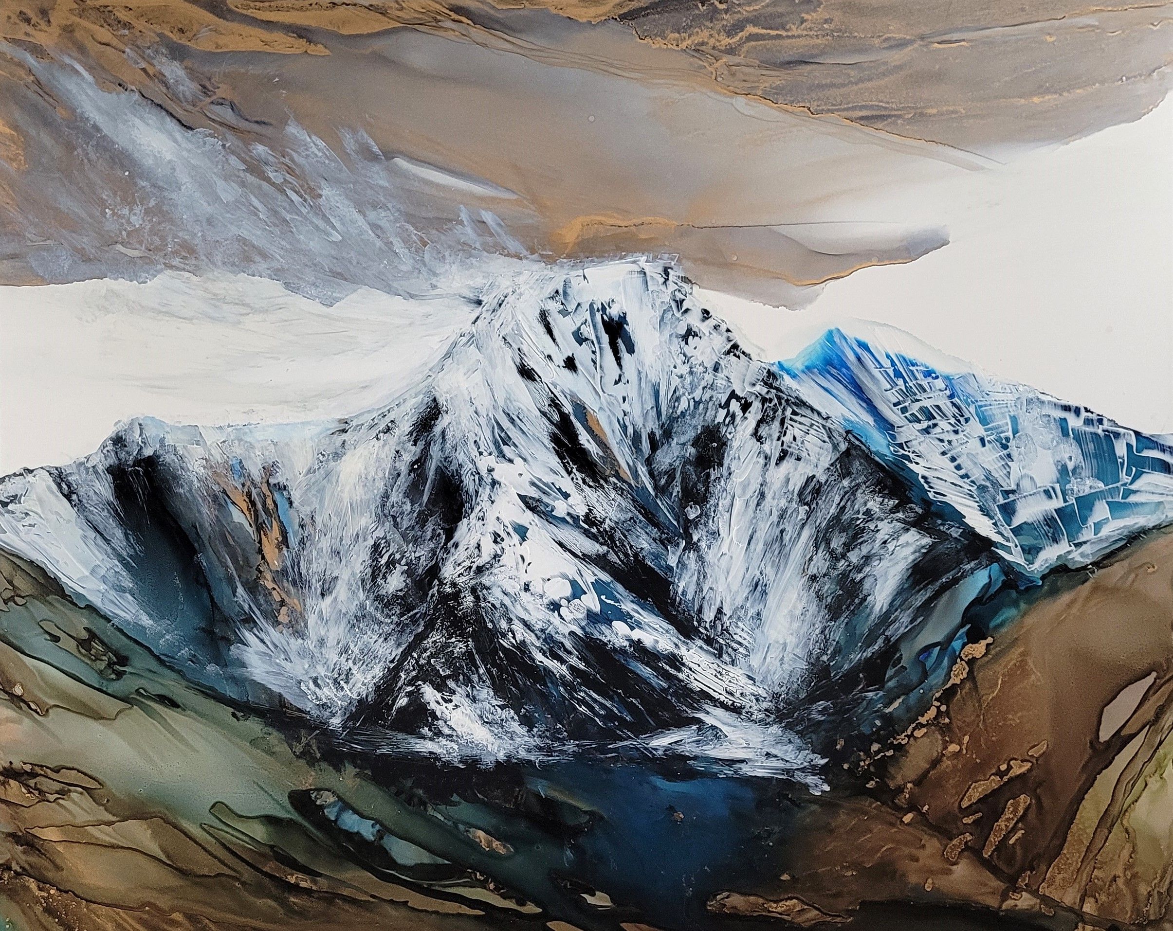 This Mountain Speaks, original alcohol ink landscape painting by Paulina Tokarski | Effusion Art Gallery + Cast Glass Studio, Invermere BC