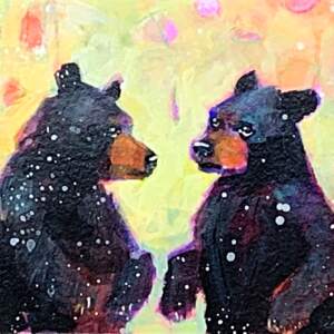 Between Brothers, mixed media bear cub painting by Connie Geerts | Effusion Art Gallery + Cast Glass Studio, Invermere BC