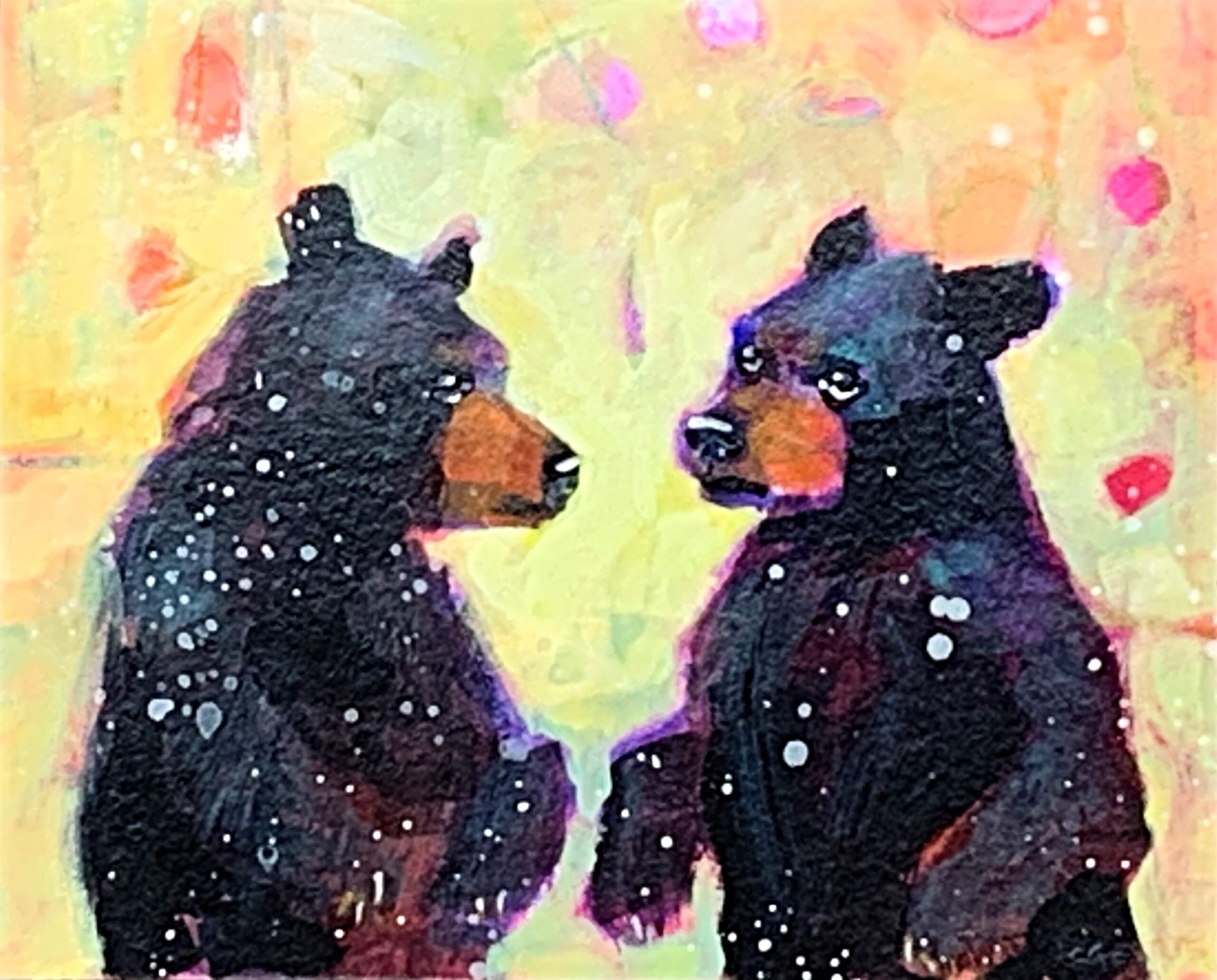 Between Brothers, mixed media bear cub painting by Connie Geerts | Effusion Art Gallery + Cast Glass Studio, Invermere BC