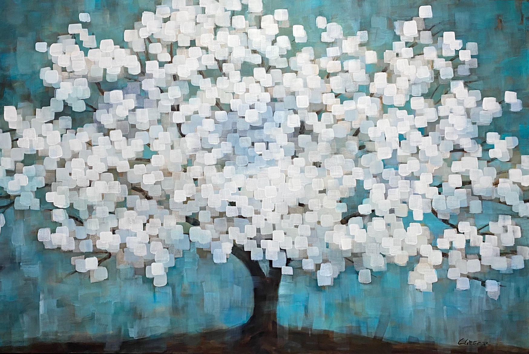 Blossoms Forever, acrylic tree painting by Connie Geerts | Effusion Art Gallery + Cast Glass Studio, Invermere BC