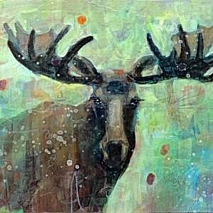 Moose on the Loose, mixed media moose painting by Connie Geerts | Effusion Art Gallery + Cast Glass Studio, Invermere BC