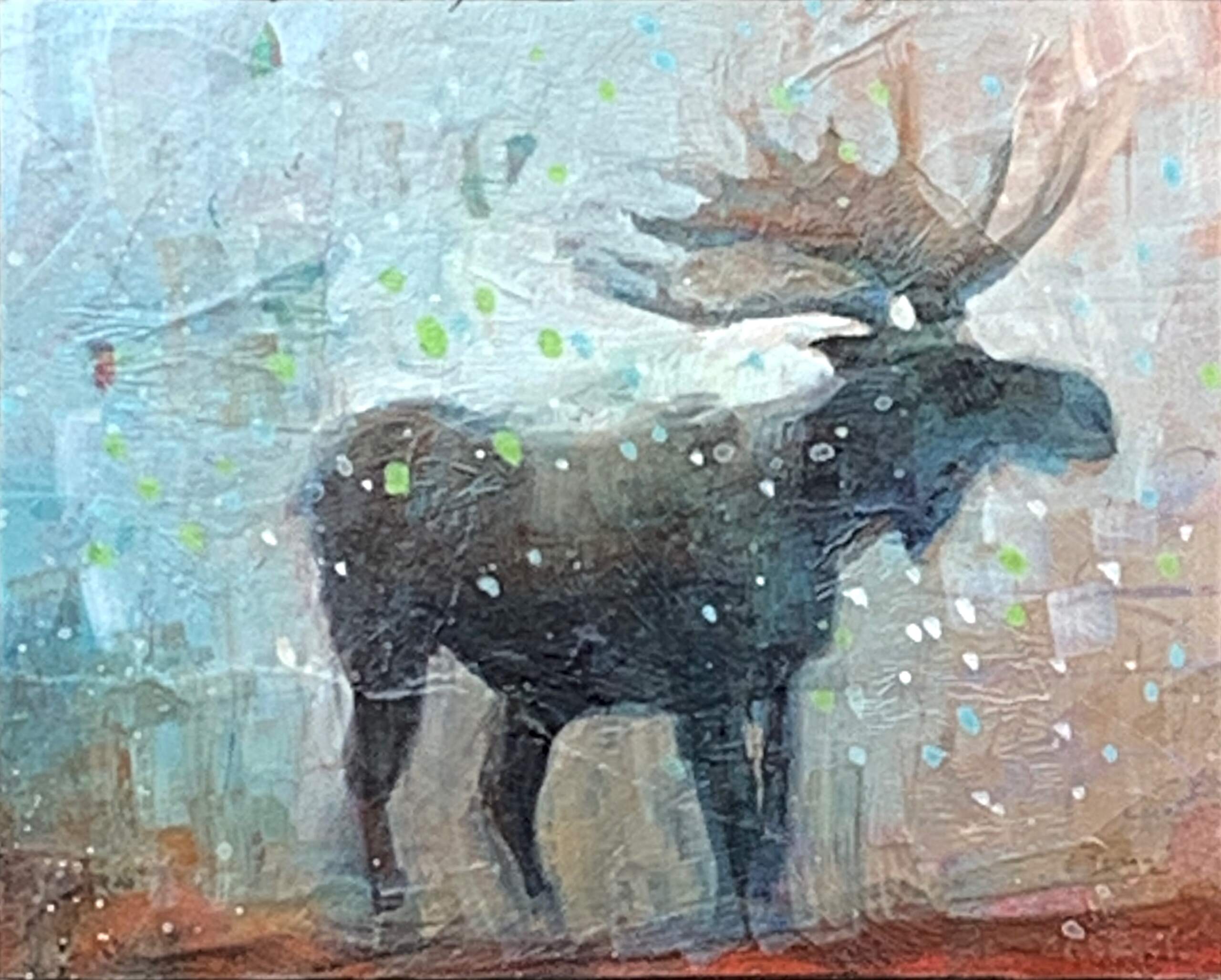 Out of the Fog, mixed media moose painting by Connie Geerts | Effusion Art Gallery + Cast Glass Studio, Invermere BC