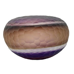 Battuto Series 1, blown glass textured purple, yellow, and clear bowl that looks like a glowing planet by Hayden MacRae at Effusion Art Gallery in Invermere.