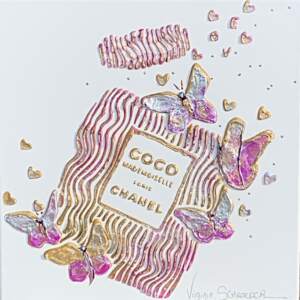 Coco Mademoiselle, Butterflies, Love, 3-D perfume bottle painting by Virginie Schroeder | Effusion Art Gallery + Cast Glass Studio, Invermere BC