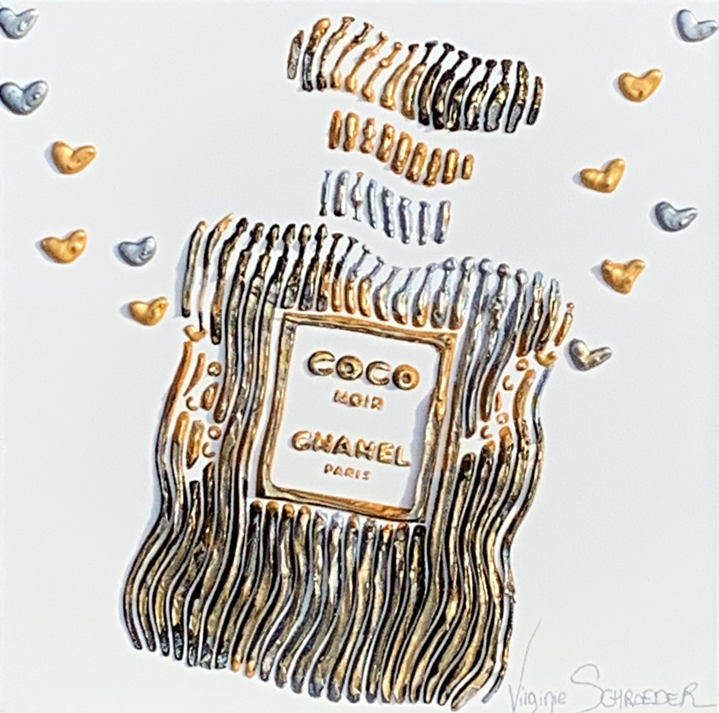 Coco Noir, Chanel Forever, 3-D perfume bottle painting by Virginie Schroeder | Effusion Art Gallery + Cast Glass Studio, Invermere BC