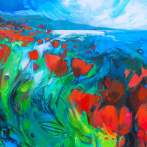 Sea Songs, acrylic abstract landscape painting with red flowers in the foreground and blue water in the background by Becky Holuk | Effusion Art Gallery + Cast Glass Studio, Invermere BC