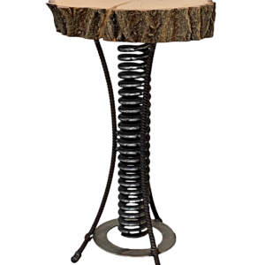 Side Table 3, wood table with a steampunk, spiral reclaimed steel base by Wendy Stone at Effusion Art Gallery in Invermere.