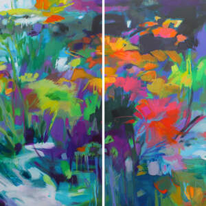 With a Quiet Confidence, acrylic landscape painting of bright abstract flowers next to gentle turquoise water by Becky Holuk | Effusion Art Gallery + Cast Glass Studio, Invermere BC