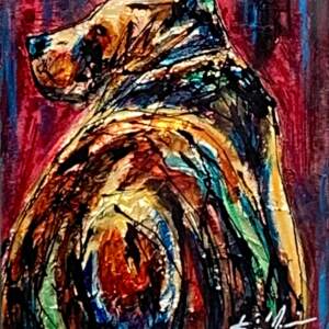 Better Side, mixed media bear painting with a brown bear looking to the left from the back on a red background by David Zimmerman at Effusion Art Gallery in Invermere.