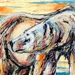 Canada 61,Fire & Ice, mixed media contemplative polar bear painting on a gold and blue background by David Zimmerman at Effusion Art Gallery in Invermere.