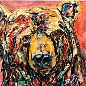Curious, mixed media bear portrait by David Zimmerman | Effusion Art Gallery + Cast Glass Studio, Invermere BC